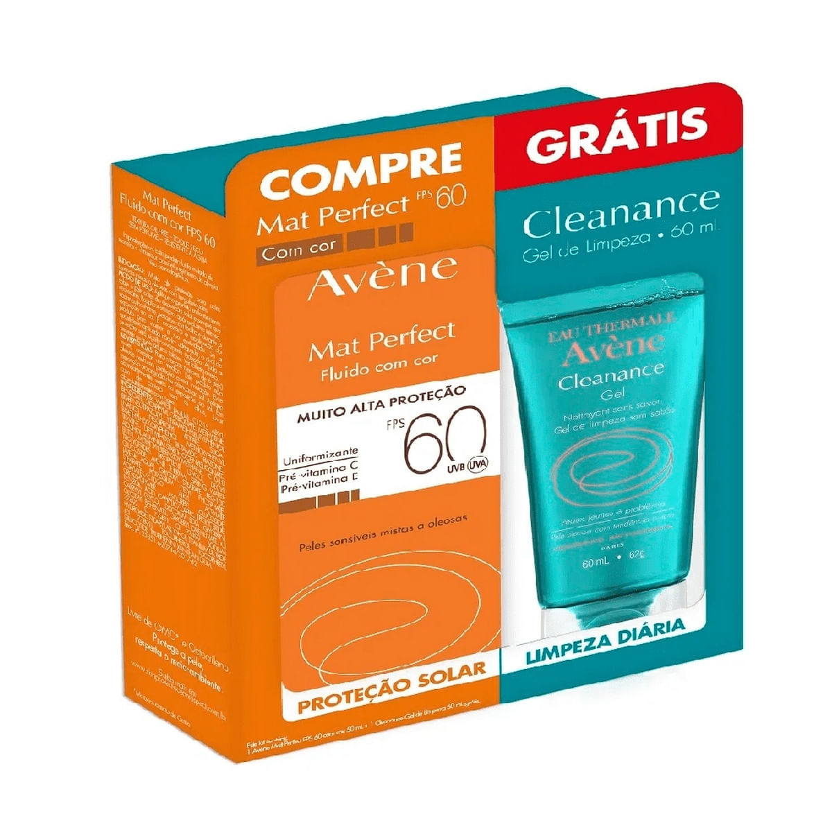 Protetor Solar Avene Mat Perfect 50ml FPS60+Gel Clenance 60ml Grátis