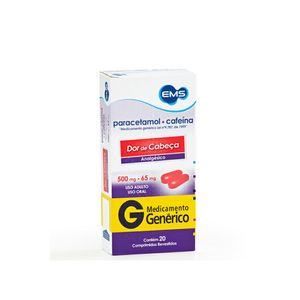 Paracetamol 500mg + Cafeína 65mg Genérico EMS 20 Comprimidos