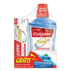 Kit Colgate Enxaguante Bucal Total 12 500ml + Creme Dental Clean Mint 90g Grátis