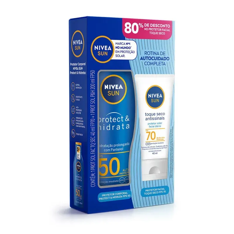 Kit Protetor Solar Nivea Sun Protect - Hidrata FPS50 200ml + Solar Facial Toque Seco Antissinais FPS70 40ml 1