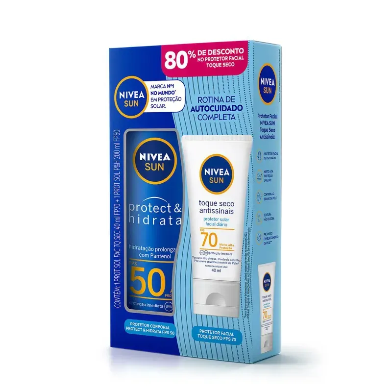 Kit Protetor Solar Nivea Sun Protect - Hidrata FPS50 200ml + Solar Facial Toque Seco Antissinais FPS70 40ml 2